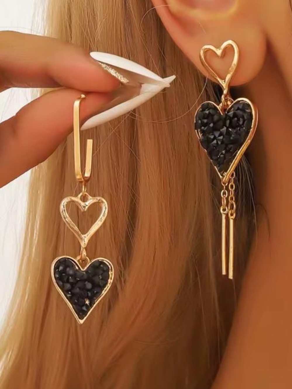 Anthropologie Gold Heart Drop Earrings with Black Inlay